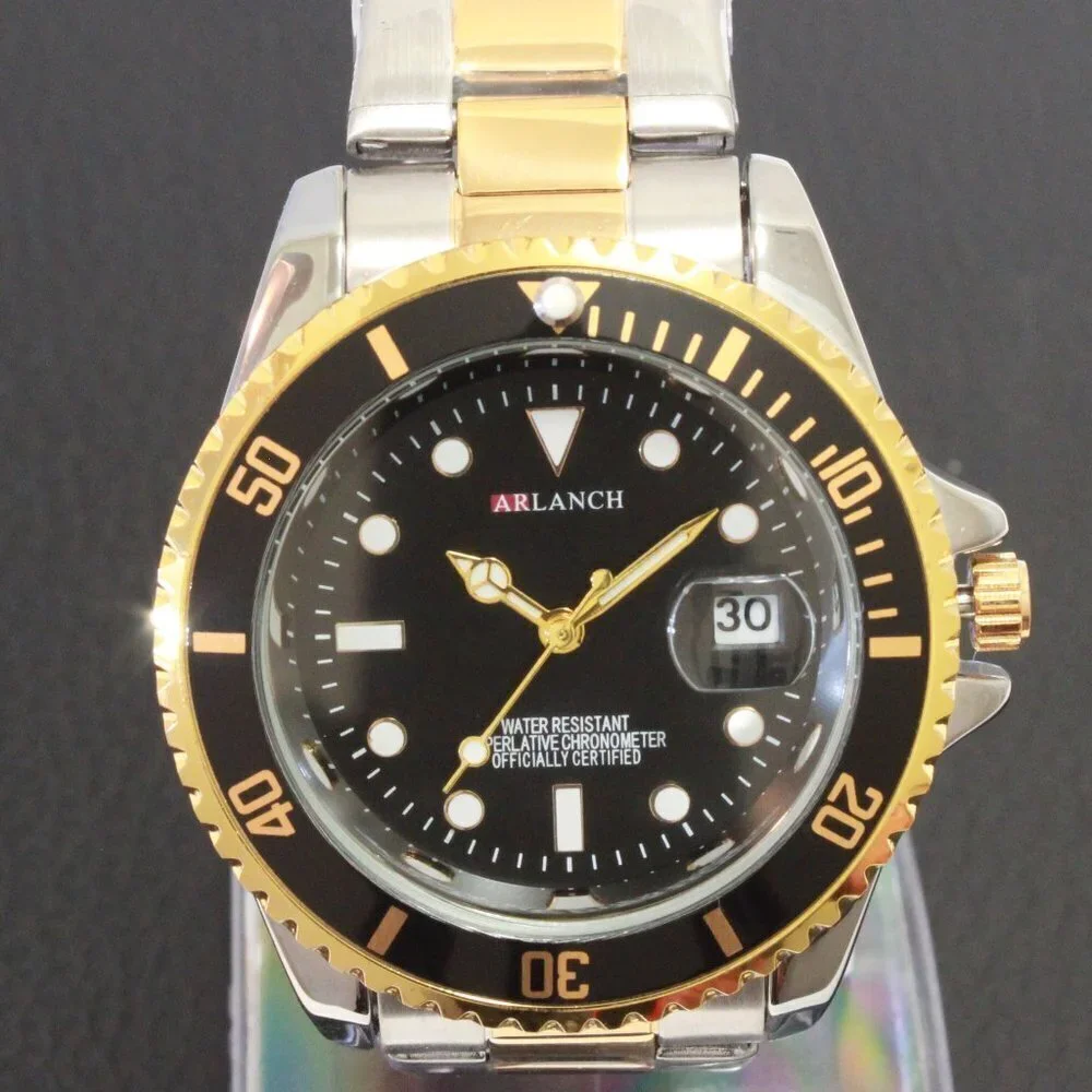Men's Diver Style Watch Black Bezel Silver Gold Tone 40mm - Picture 6 of 14
